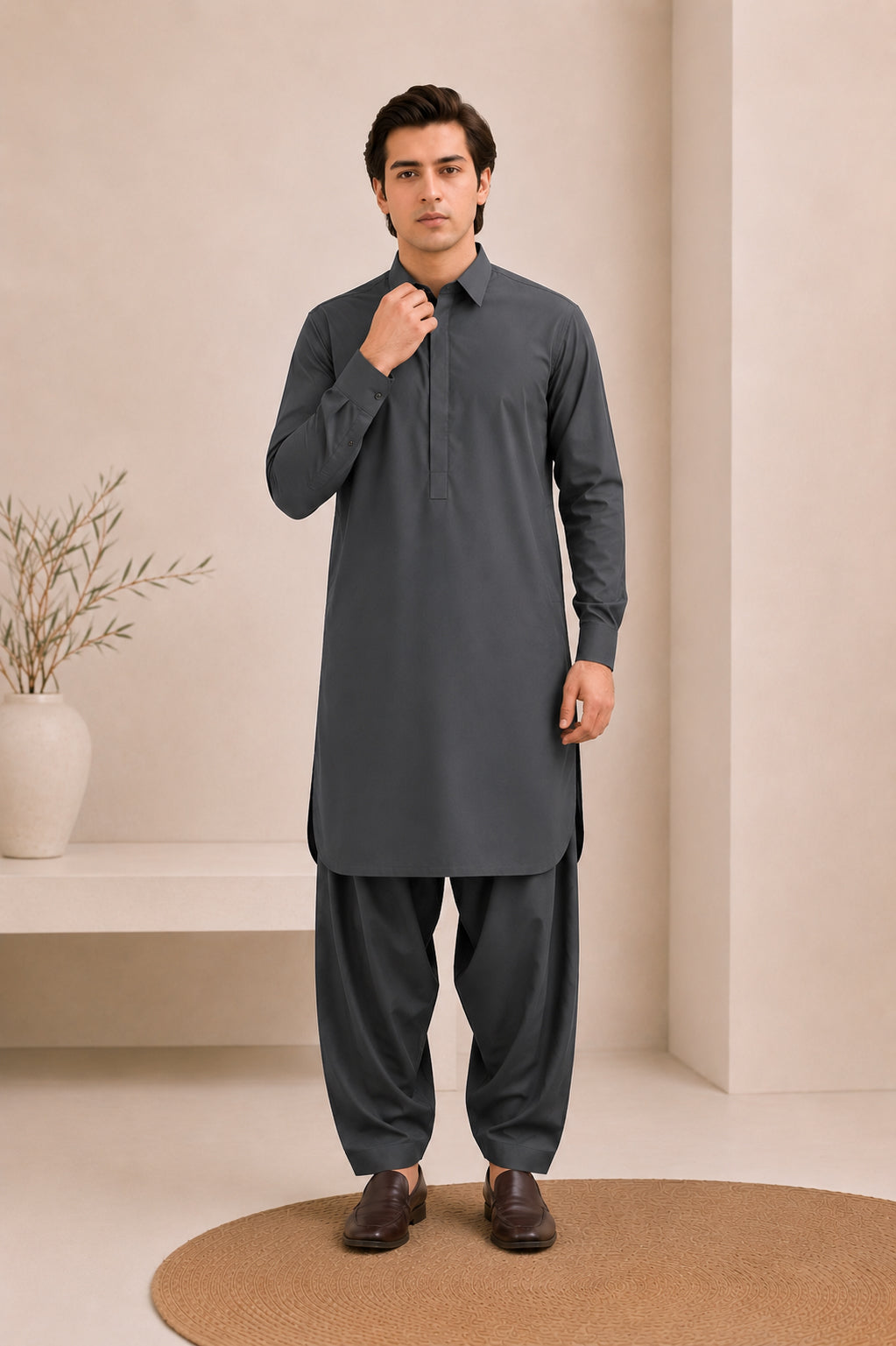 Charcoal Grey French Collar Kameez Shalwar - Men