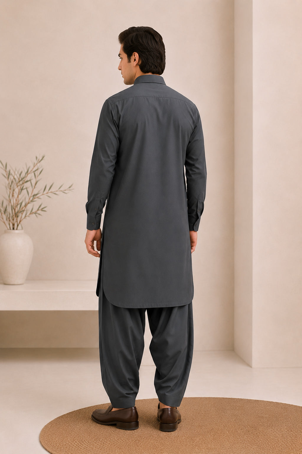 Charcoal Grey French Collar Kameez Shalwar - Men