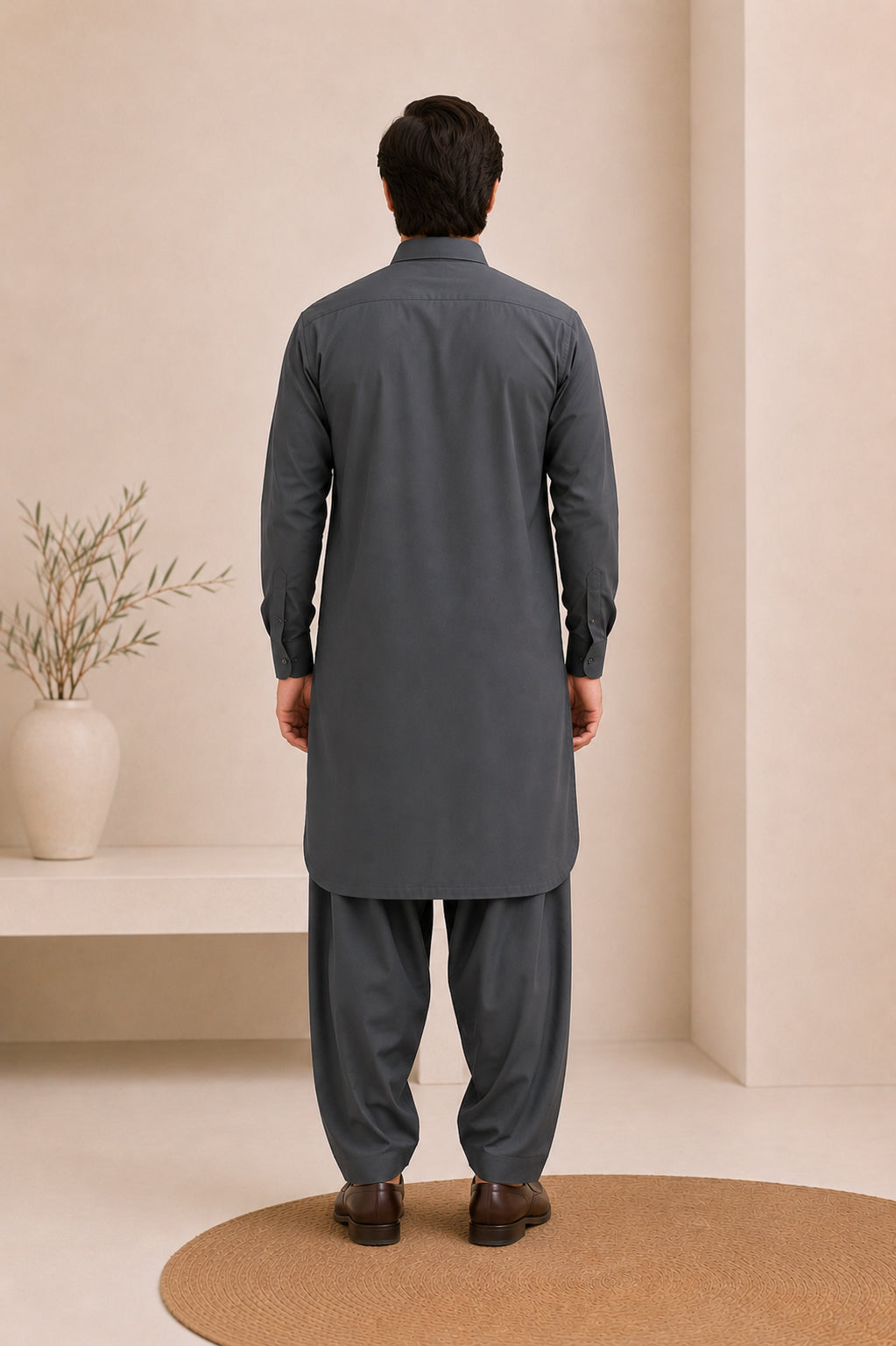 Charcoal Grey French Collar Kameez Shalwar - Men