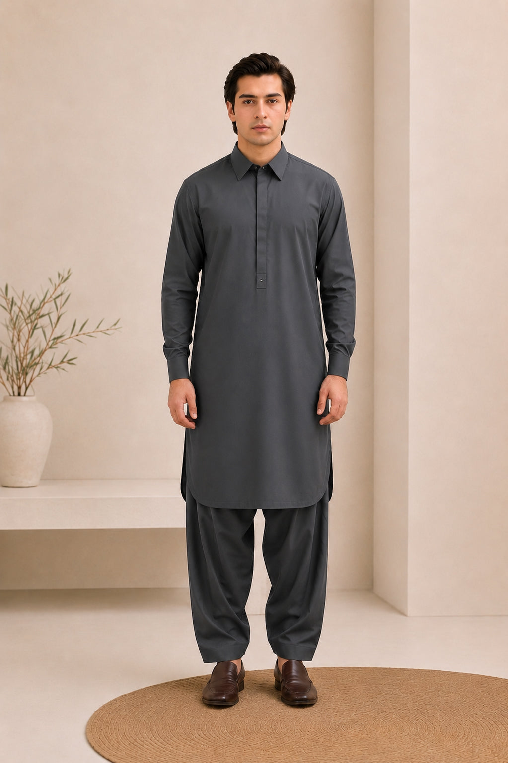 Charcoal Grey French Collar Kameez Shalwar - Men