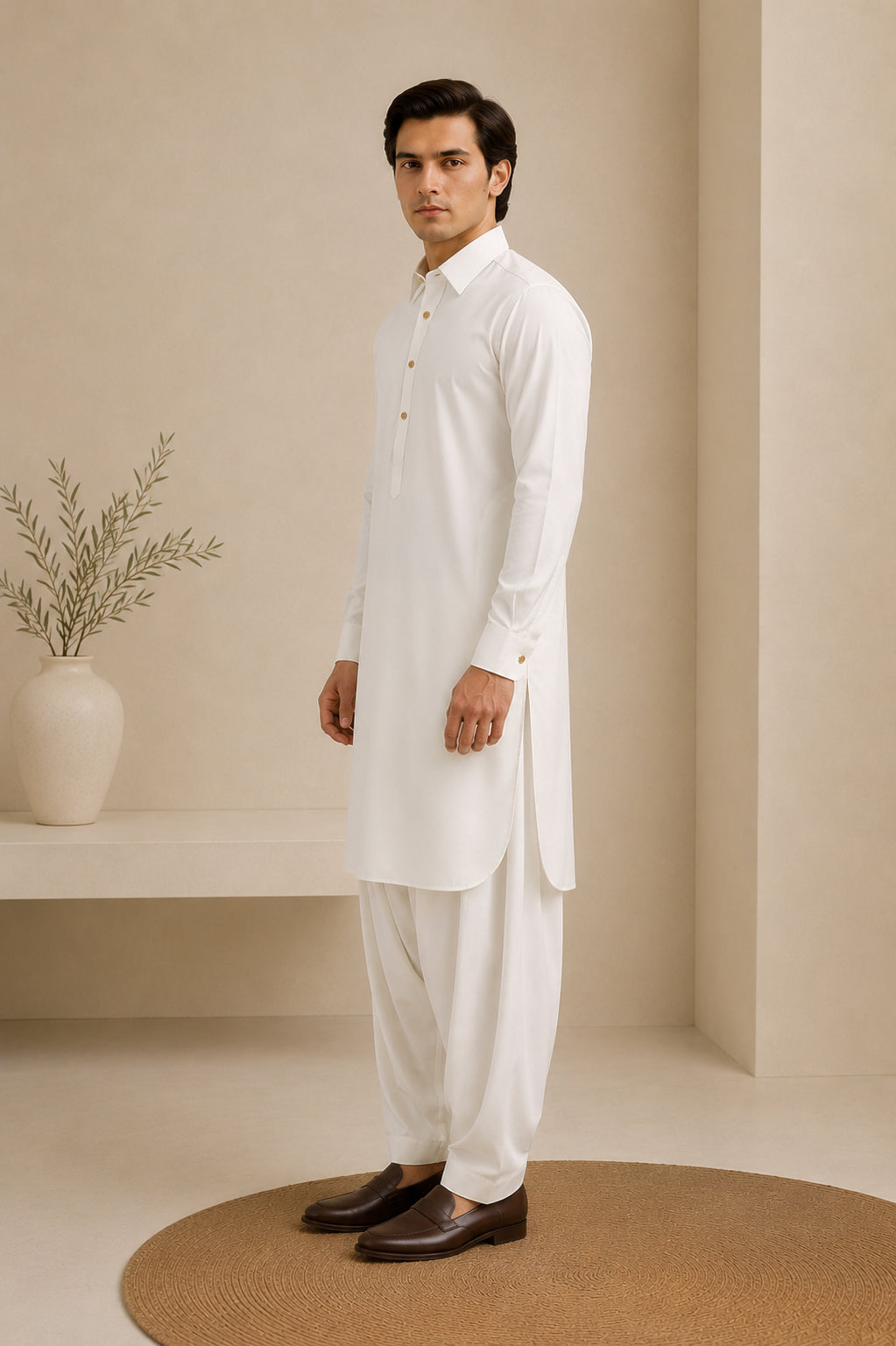 White Bosky French Collar Kameez Shalwar - Men