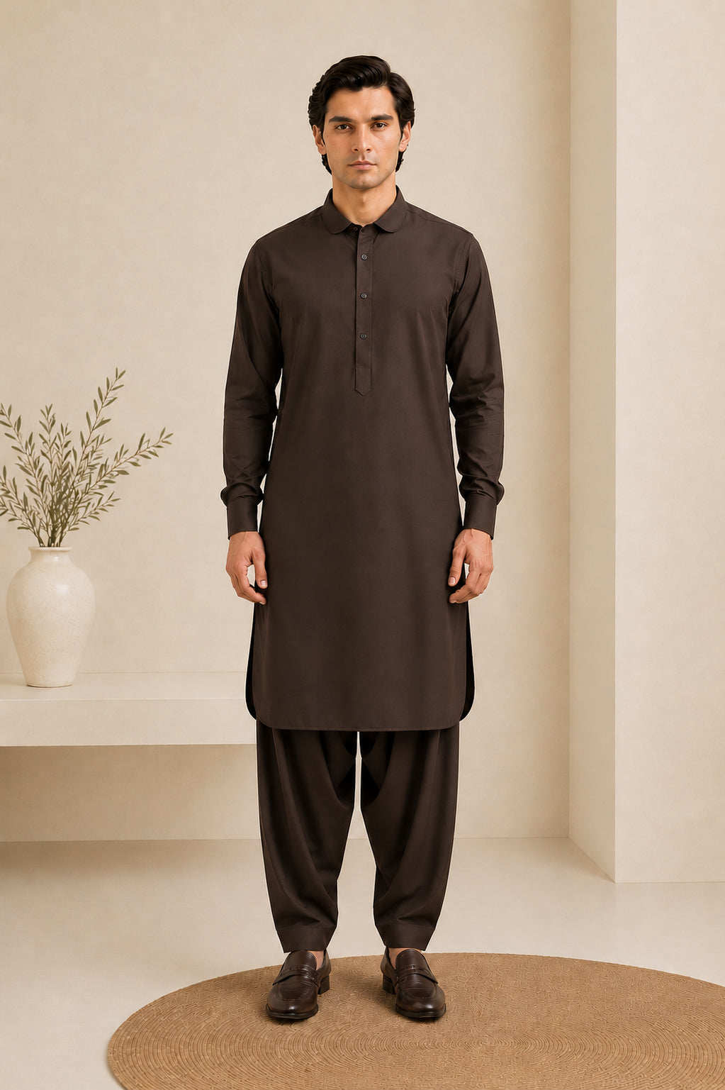 Dark Brown French Collar Kameez Shalwar - Men