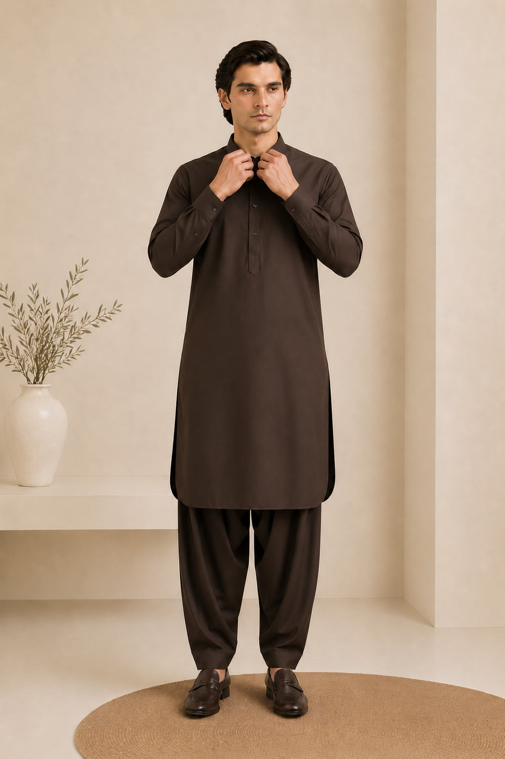 Dark Brown French Collar Kameez Shalwar - Men