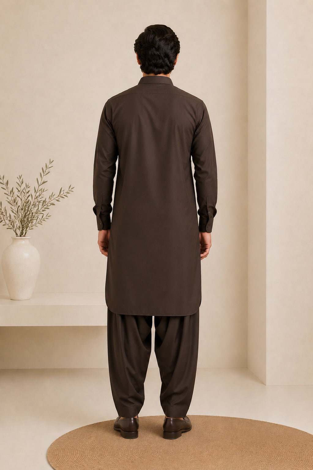 Dark Brown French Collar Kameez Shalwar - Men