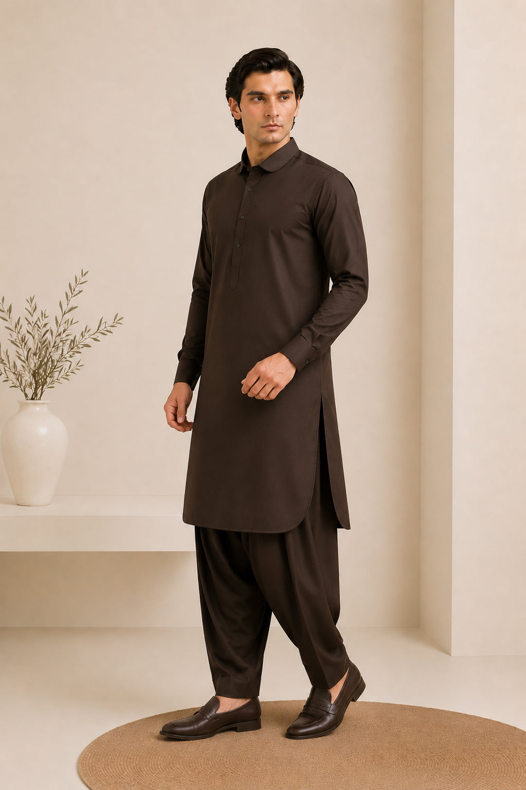 Dark Brown French Collar Kameez Shalwar - Men
