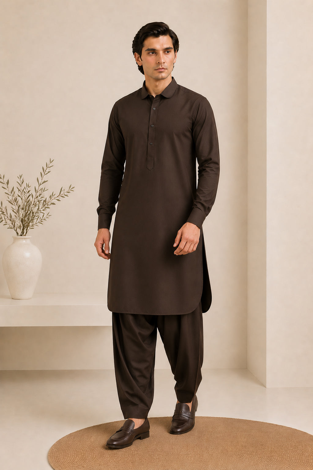 Dark Brown French Collar Kameez Shalwar - Men