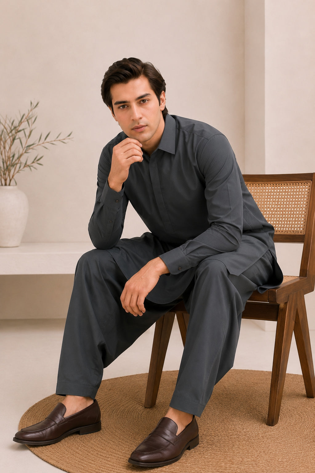 Charcoal Grey French Collar Kameez Shalwar - Men
