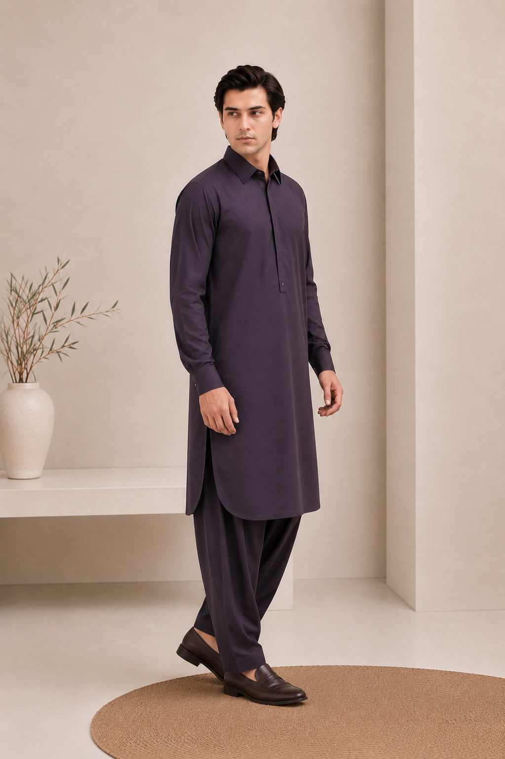 Deep Purple French Collar Kameez Shalwar - Men