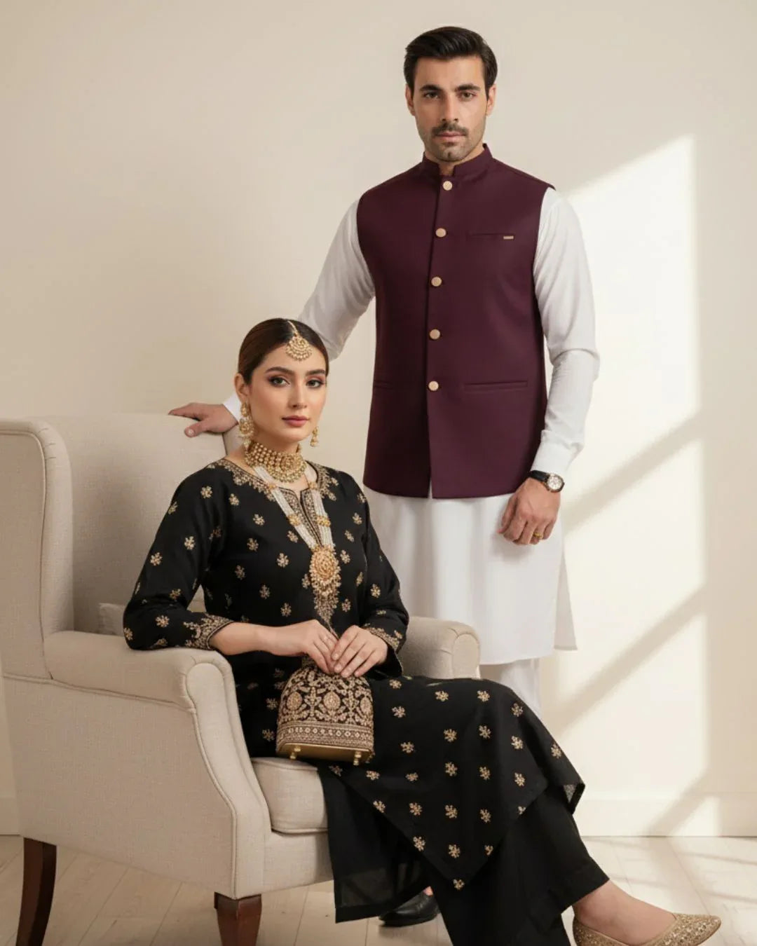 Man wearing a burgundy suitinf waistcoat over an off white kameez shalwar, standing in a room with curtains and a chair.