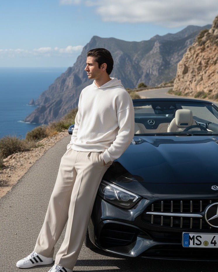 Man leaning against a Mercedes-Benz car on a scenic road with mountains and ocean in the background