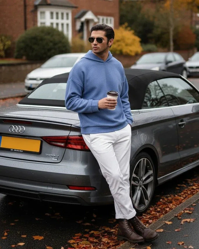 Sky Blue Waffle Pullover Hoodie - Relaxed Fit - Men - Muraqsh -- Men Western