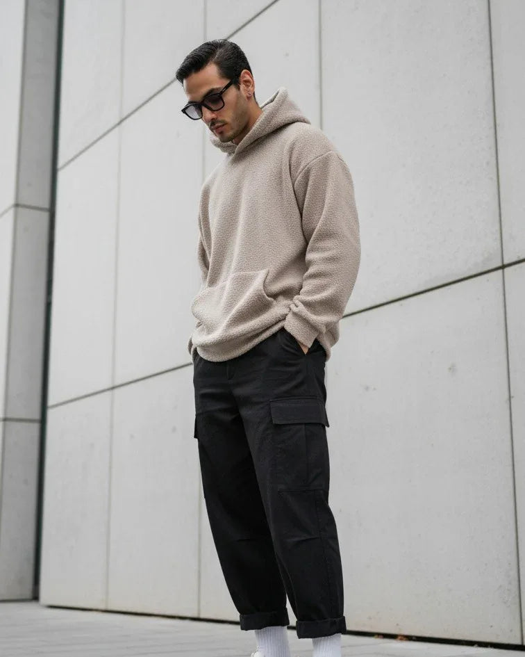 Beige Sherpa Hoodie - Relaxed Fit - Men - Muraqsh -- Men Western