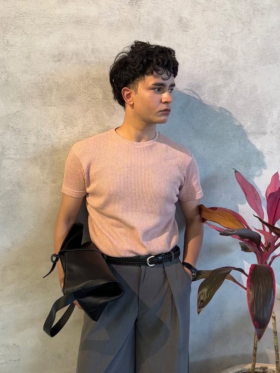 Pearl Pink Waffle Oversized Tee - Men - Men