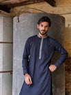 Formal Navy Blue Kurta Shalwar - Collar Neck Embroidered - Men