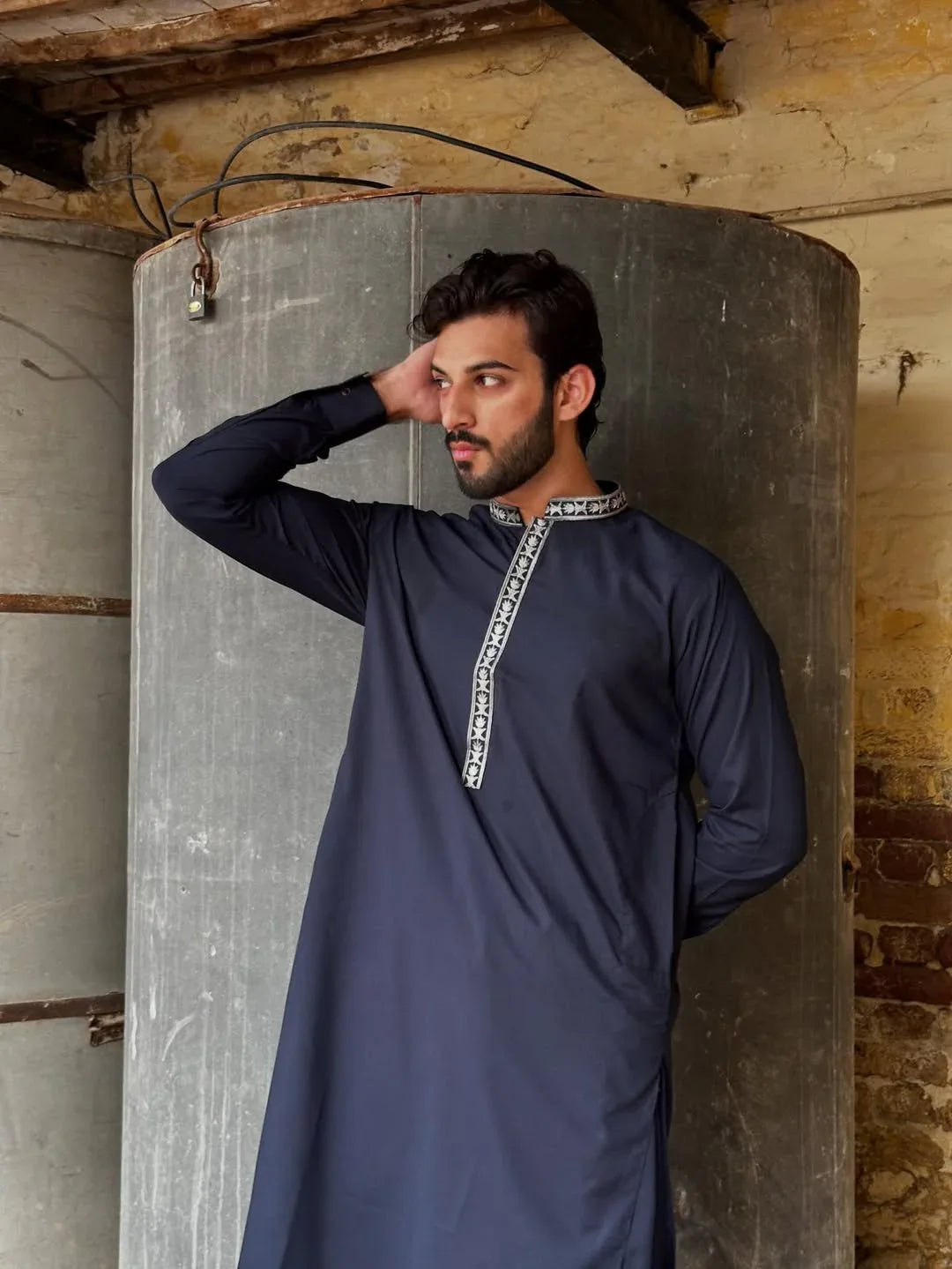Formal Navy Blue Kurta Shalwar - Collar Neck Embroidered - Men - Muraqsh -- Menswear