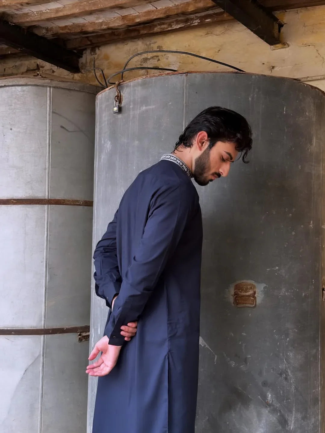 Formal Navy Blue Kurta Shalwar - Collar Neck Embroidered - Men - Muraqsh -- Menswear