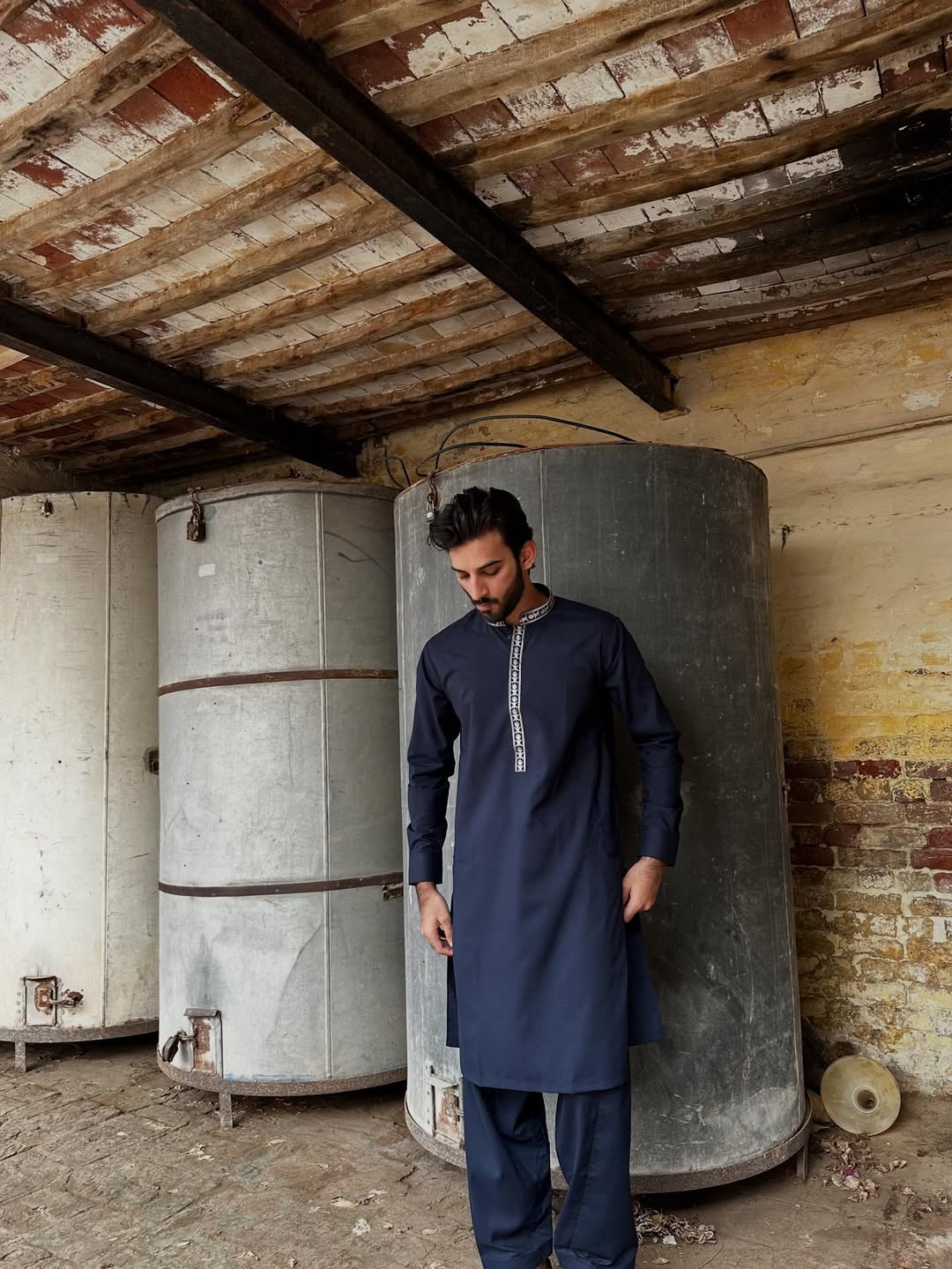 Formal Navy Blue Kurta Shalwar - Collar Neck Embroidered - Men