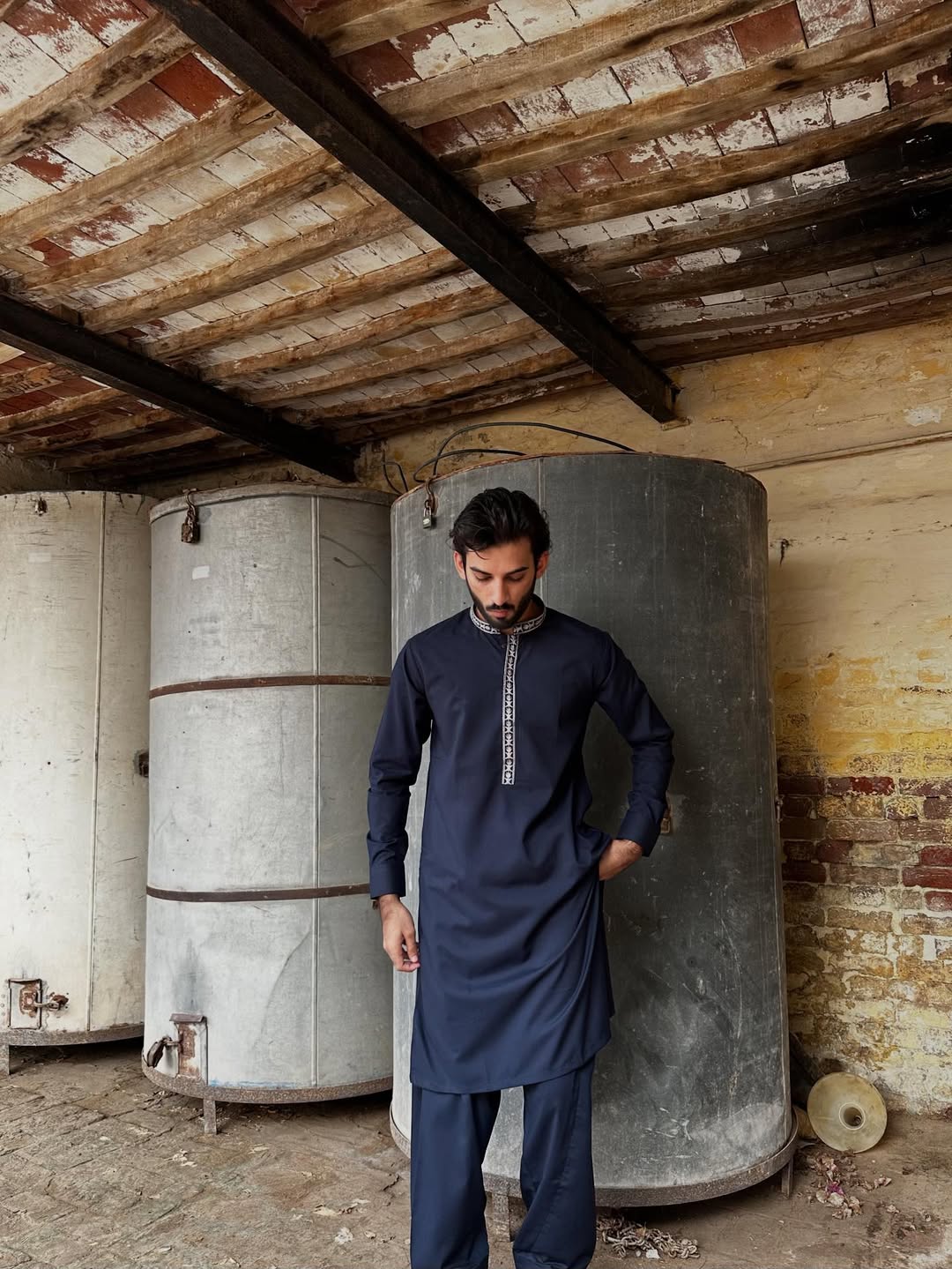 Formal Navy Blue Kurta Shalwar - Collar Neck Embroidered - Men