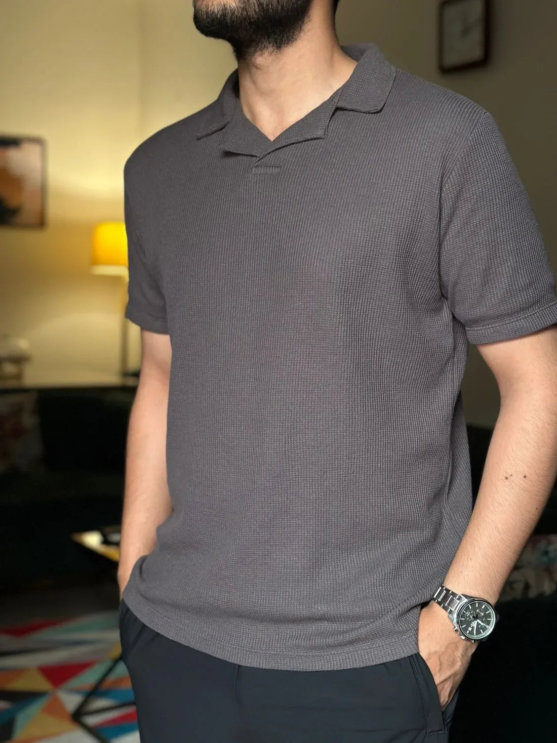 Waffle Heather Grey Revere Polo - Muraqsh -- Men Western