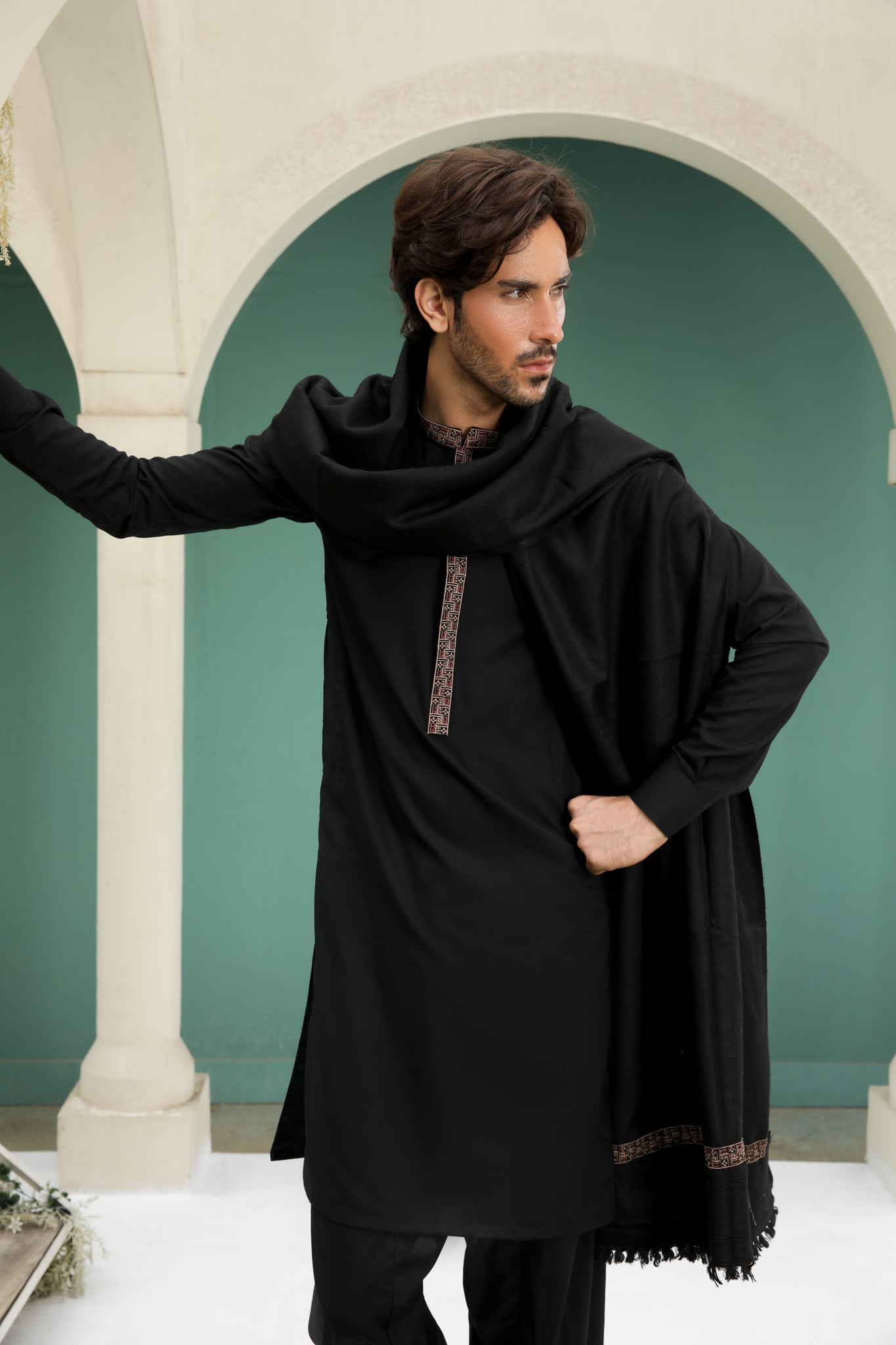 Formal Black Kameez Shalwar Wool Shawl Worldwide Shipping