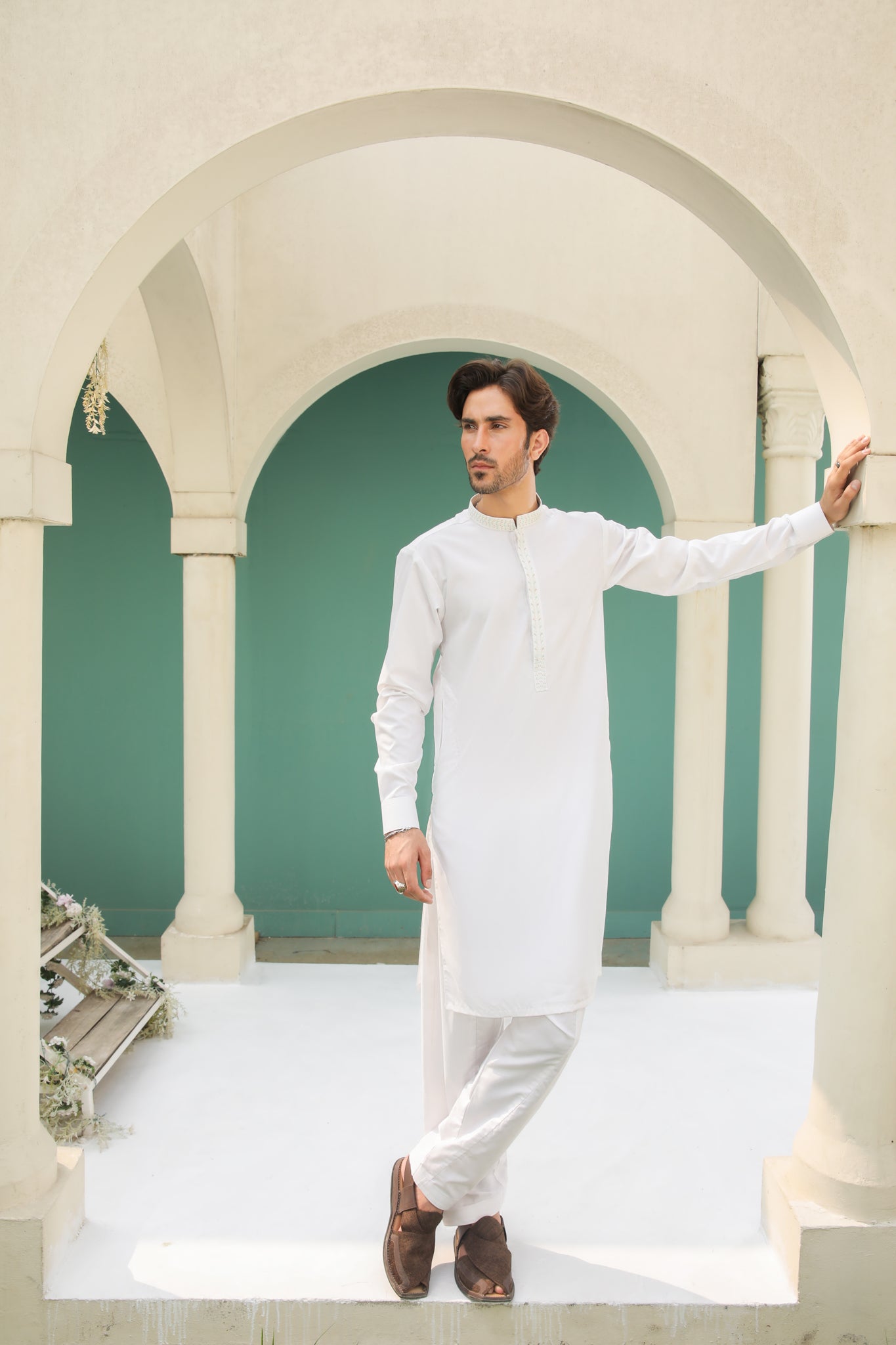 Off White Kameez Shalwar with Blended Waistcoat - Men