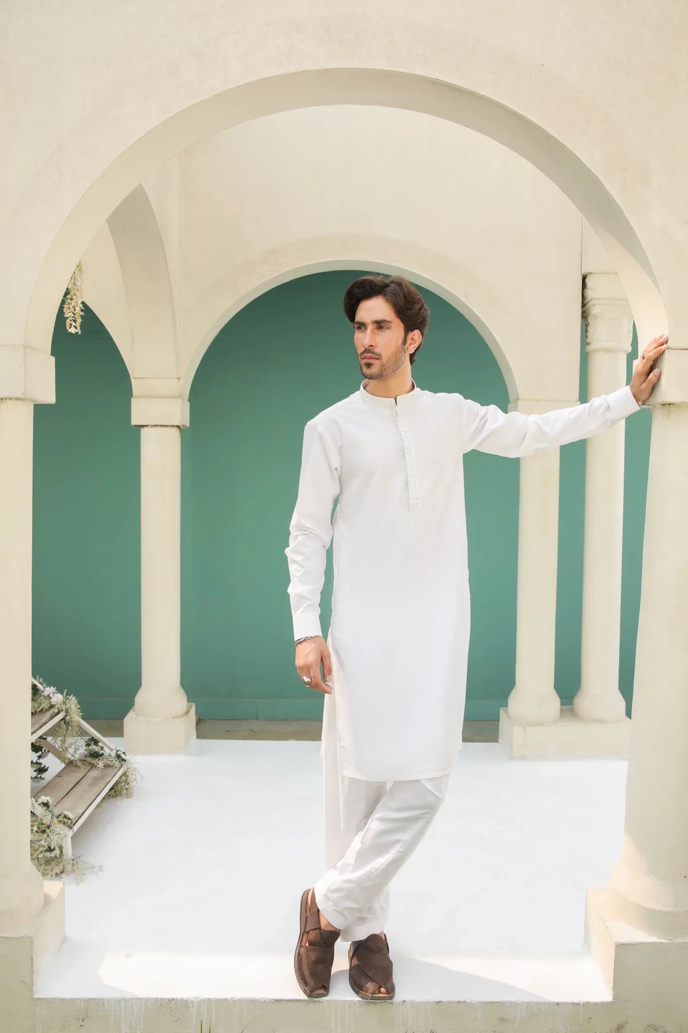 Off White Kameez Shalwar with Blended Waistcoat - Men - Muraqsh -- Menswear