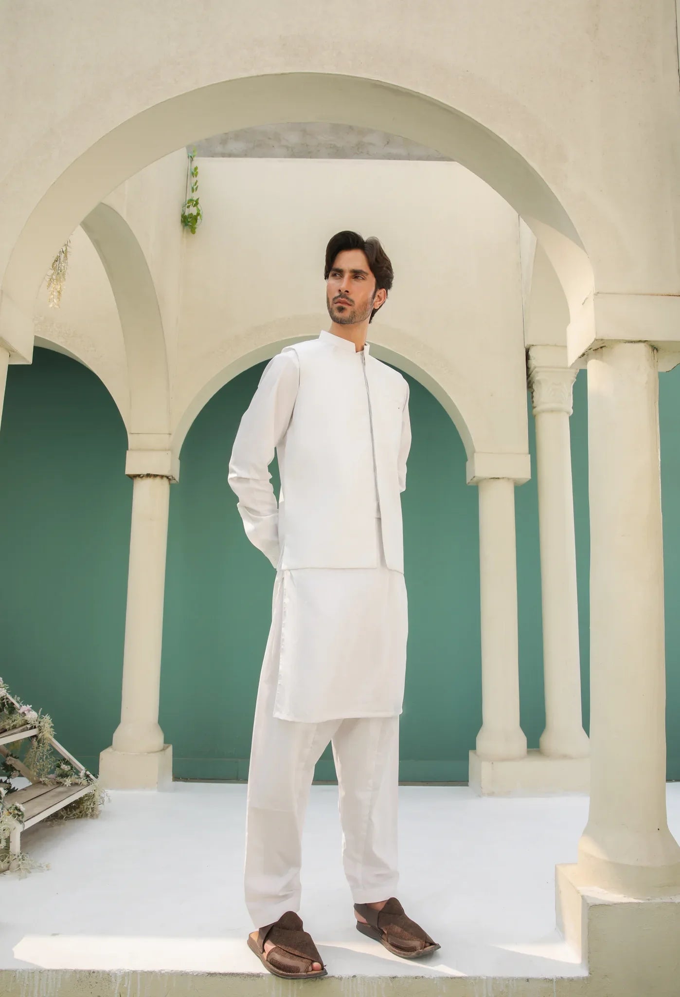 Off White Kameez Shalwar with Blended Waistcoat - Men - Muraqsh -- Menswear