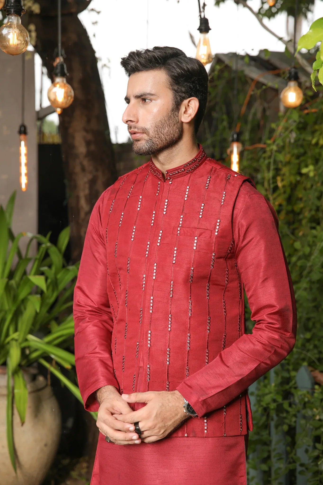 Maroon Panni Embroidered - Waistcoat Set - 3PC Designerwear