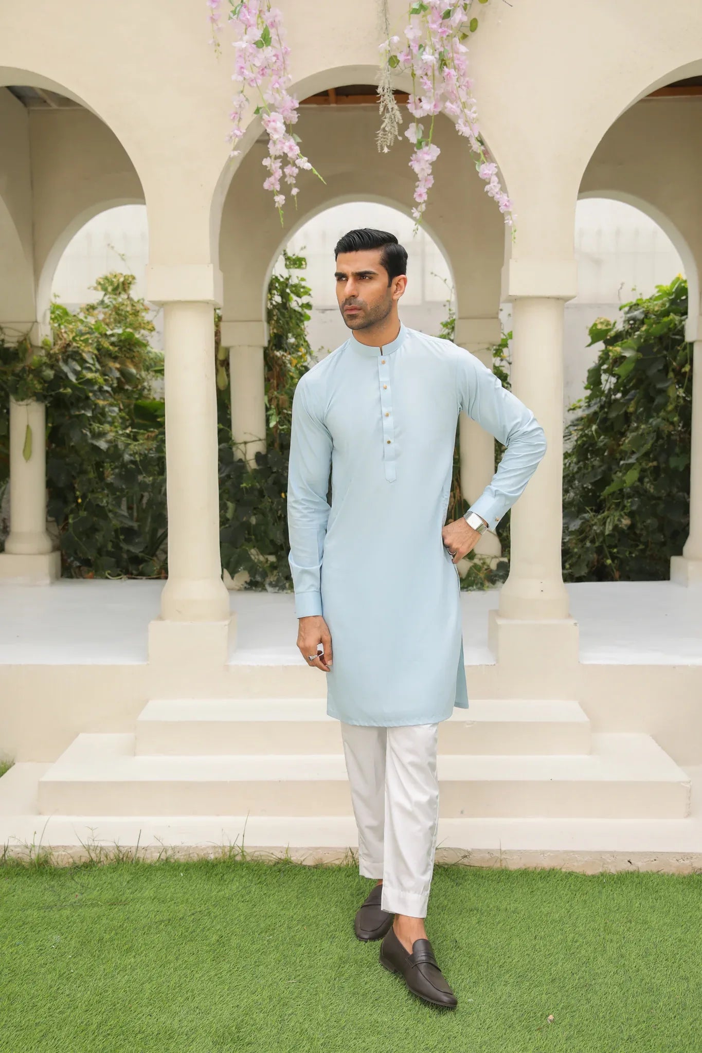 Sky Blue Kameez Shalwar/Trousers - Men - Plain