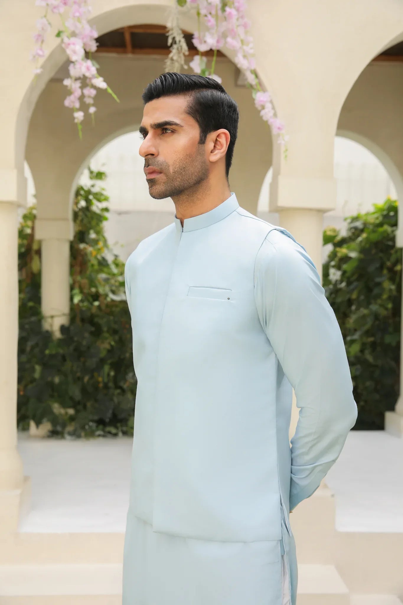 Sky Blue Kurta Trouser with Waistcoat - Men - 3PC