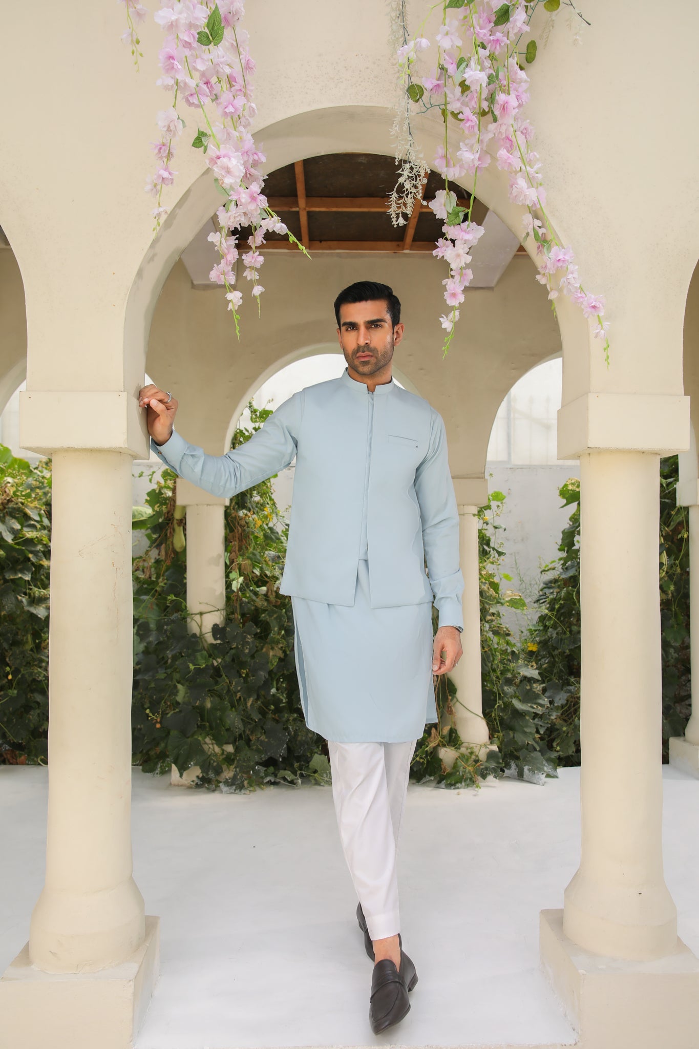 Sky Blue Kurta Trouser with Waistcoat - Men - 3PC