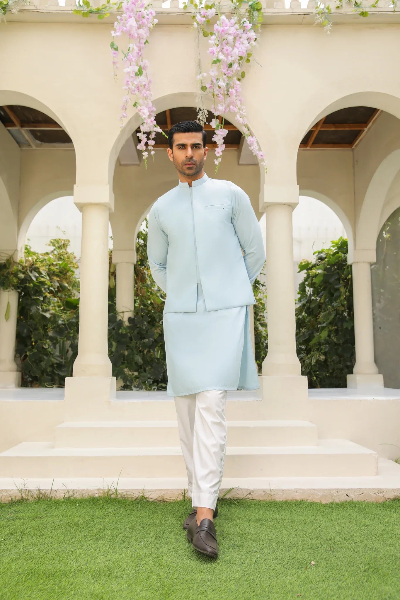 Sky Blue Kurta Trouser with Waistcoat - Men - 3PC