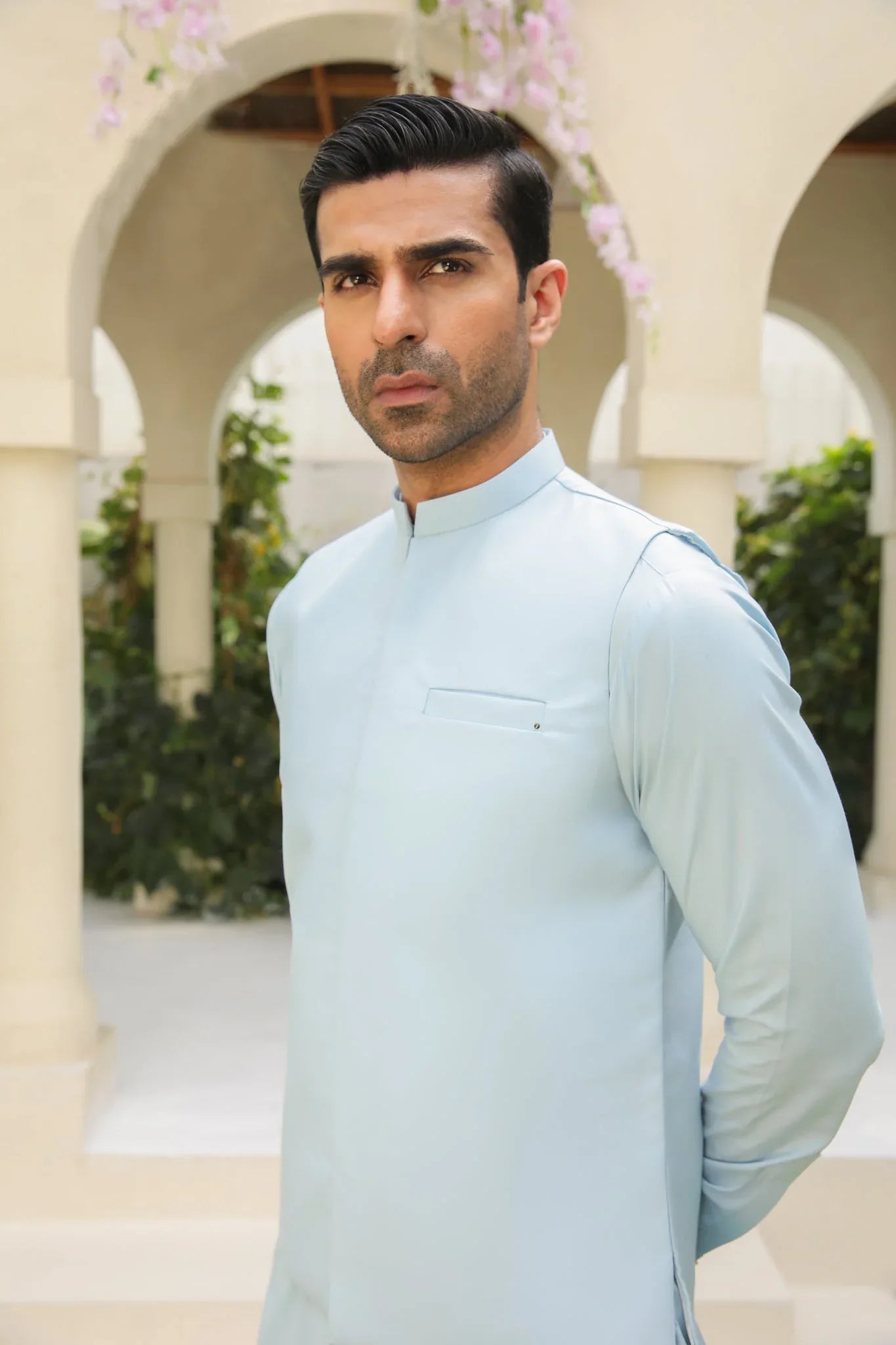 Sky Blue Kurta Trouser with Waistcoat - Men - 3PC