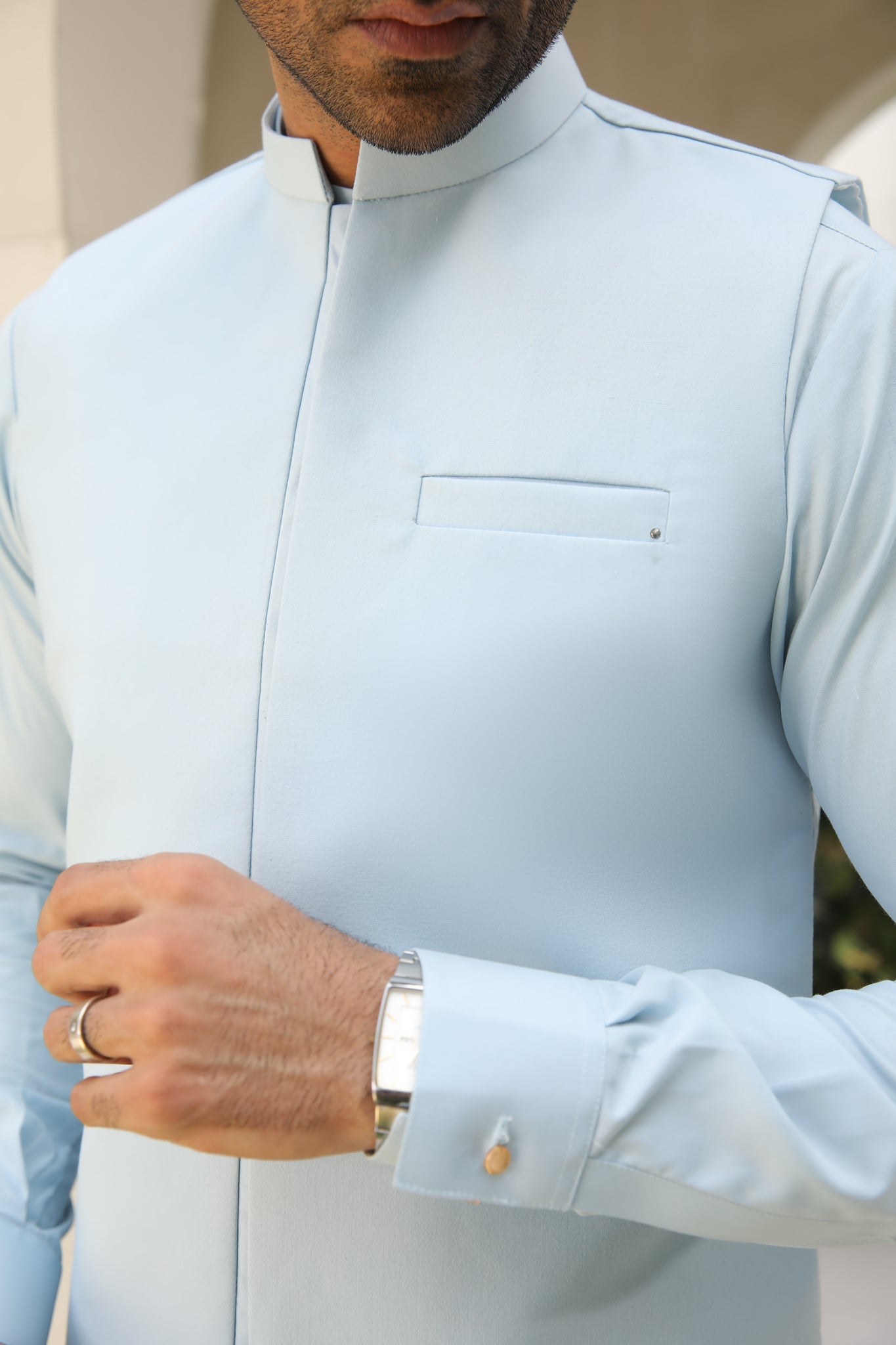 Sky Blue Kurta Trouser with Waistcoat - Men - 3PC