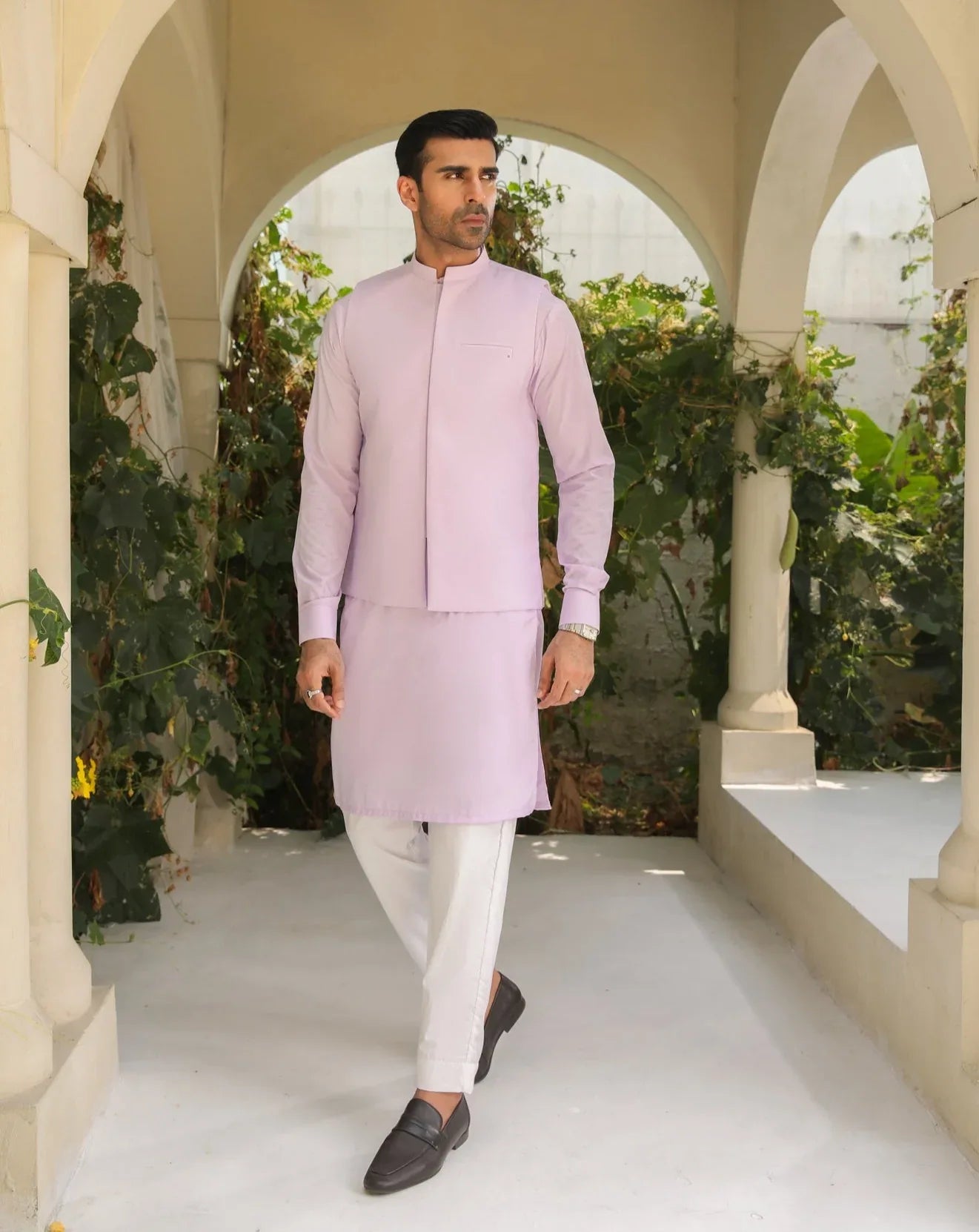 Purple Kurta Trouser with Waistcoat for Men- Worldwide Shipping