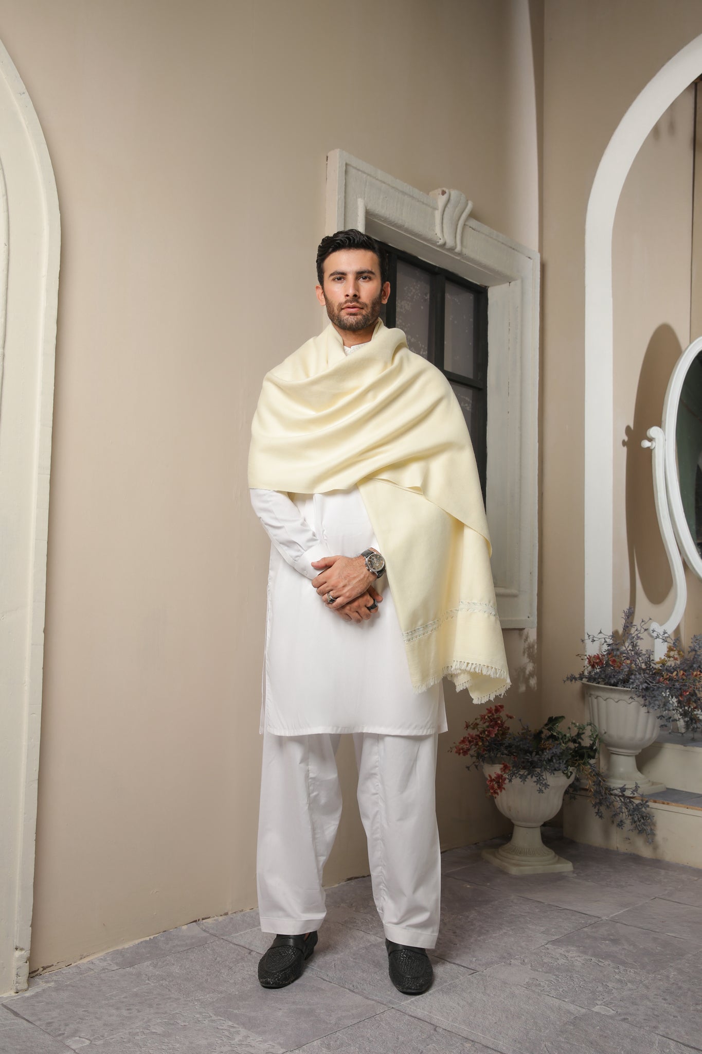 Bosky Wool Shawl with Off White Kameez Shalwar - Men