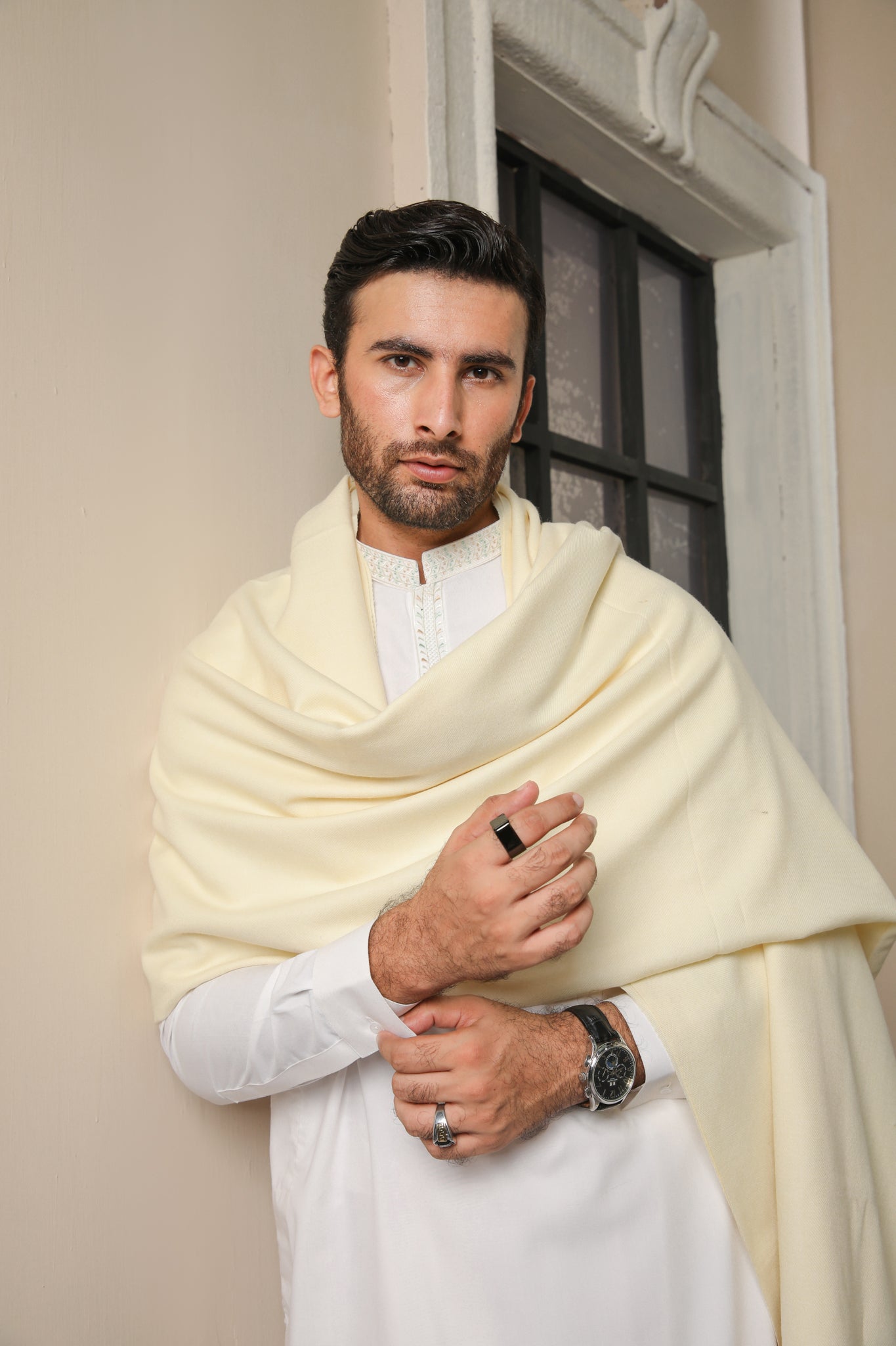 Bosky Wool Shawl with Off White Kameez Shalwar - Men