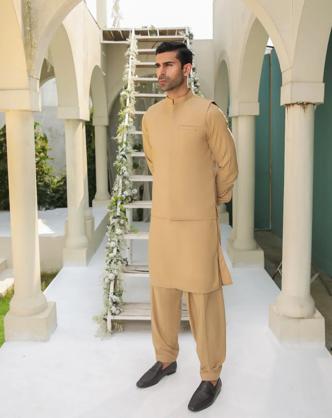 Camel Kameez Shalwar & Waistcoat - Men - 3 Piece