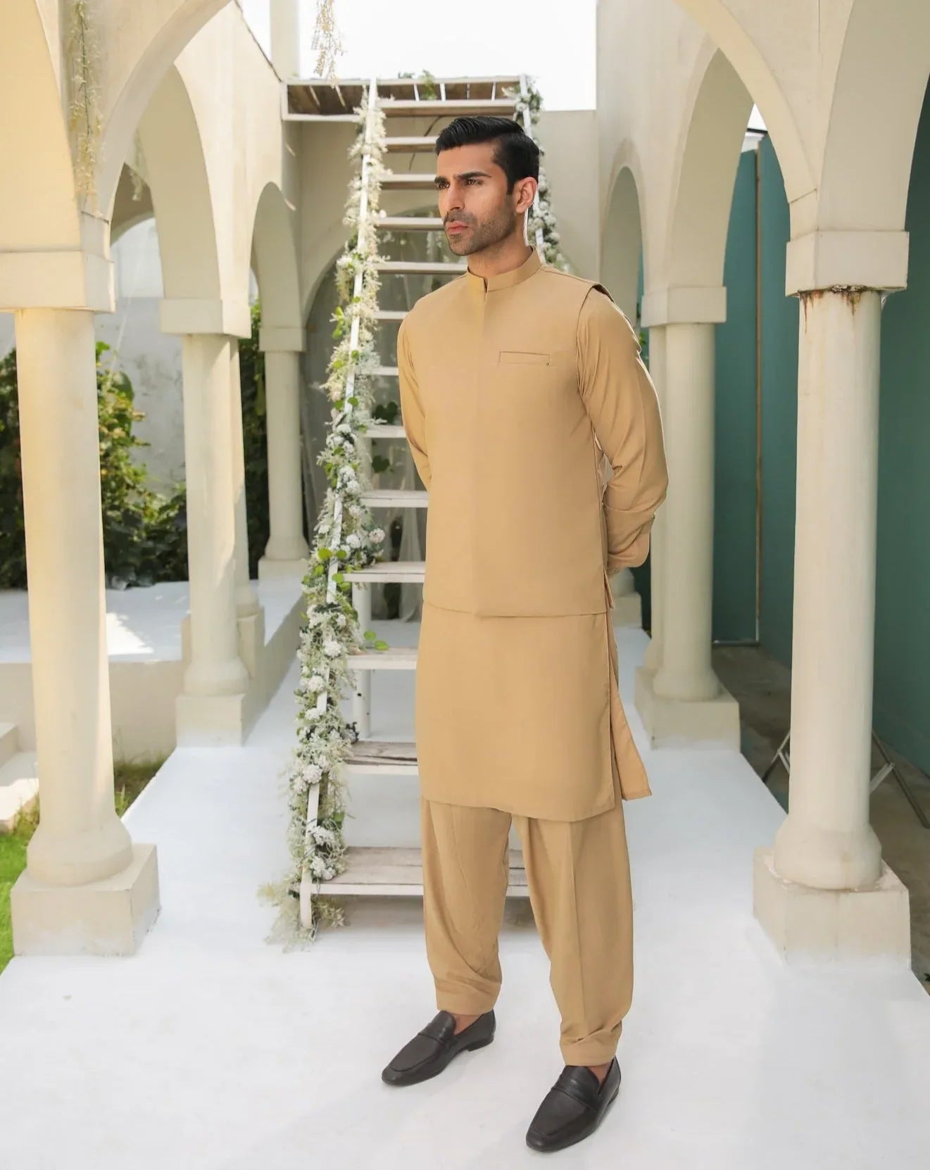 Camel Kameez Shalwar & Waistcoat - Men - 3 Piece
