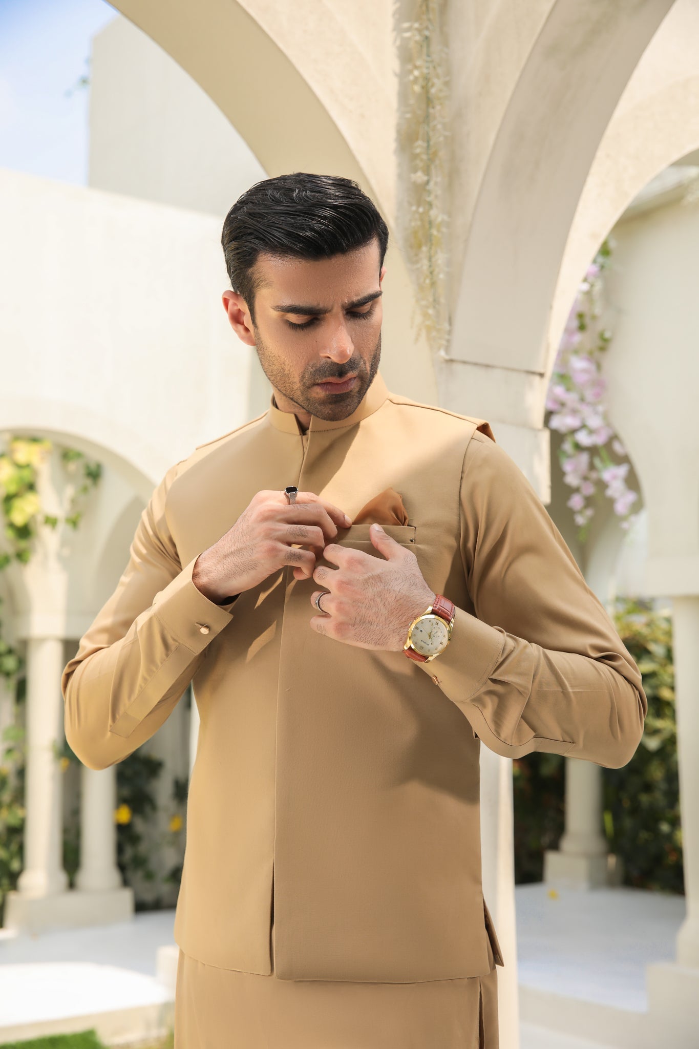 Camel Kameez Shalwar & Waistcoat - Men - 3 Piece