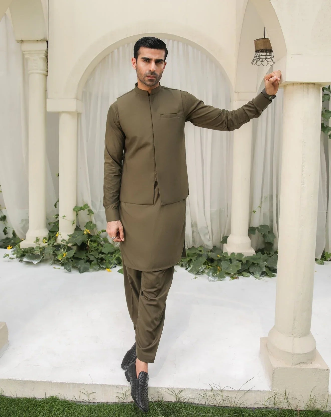 Green Shalwar Kameez with Waistcoat Worldwide Shipping