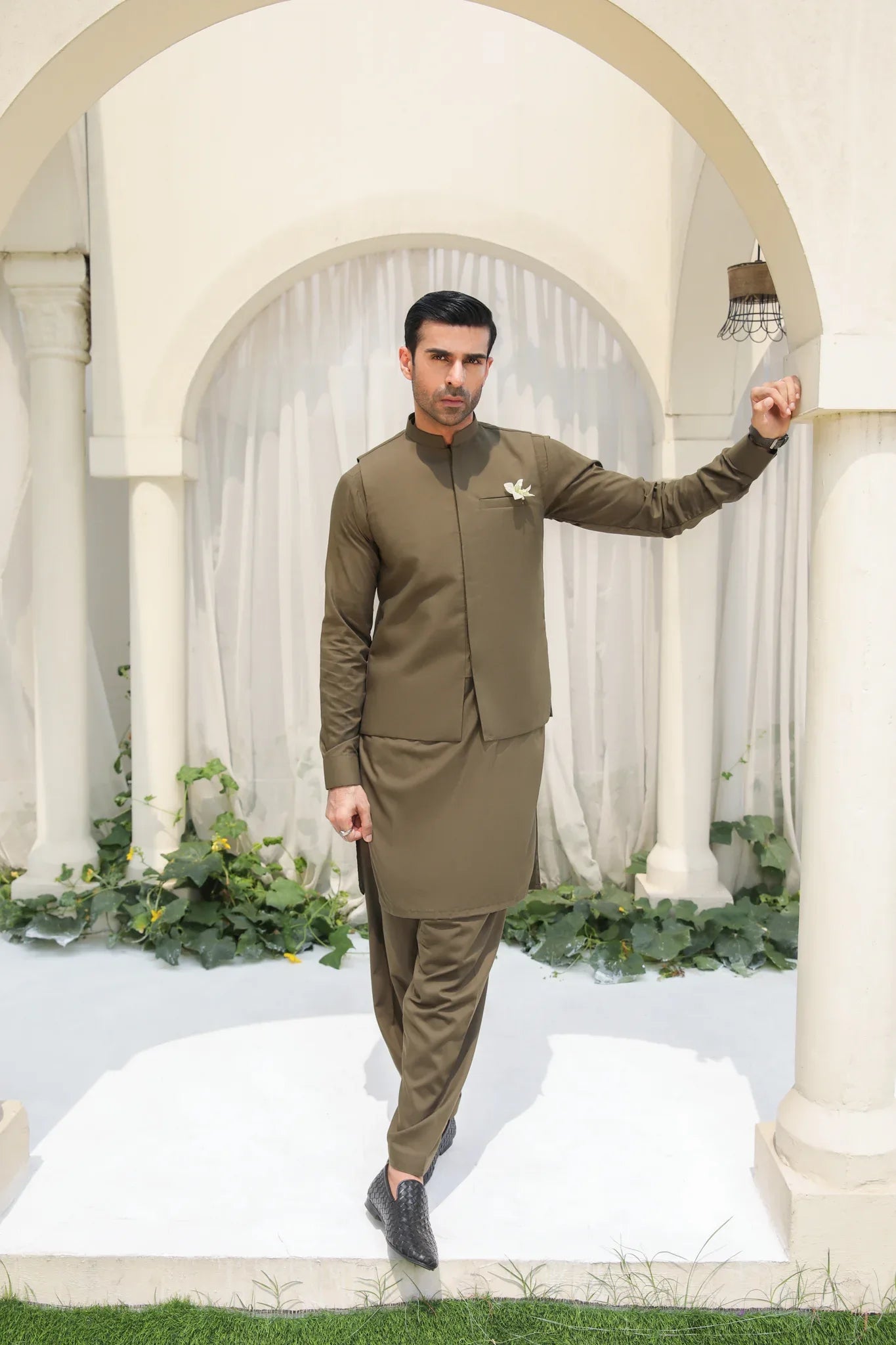 Olive Green Kameez Shalwar with Waistcoat - Men - 3PC