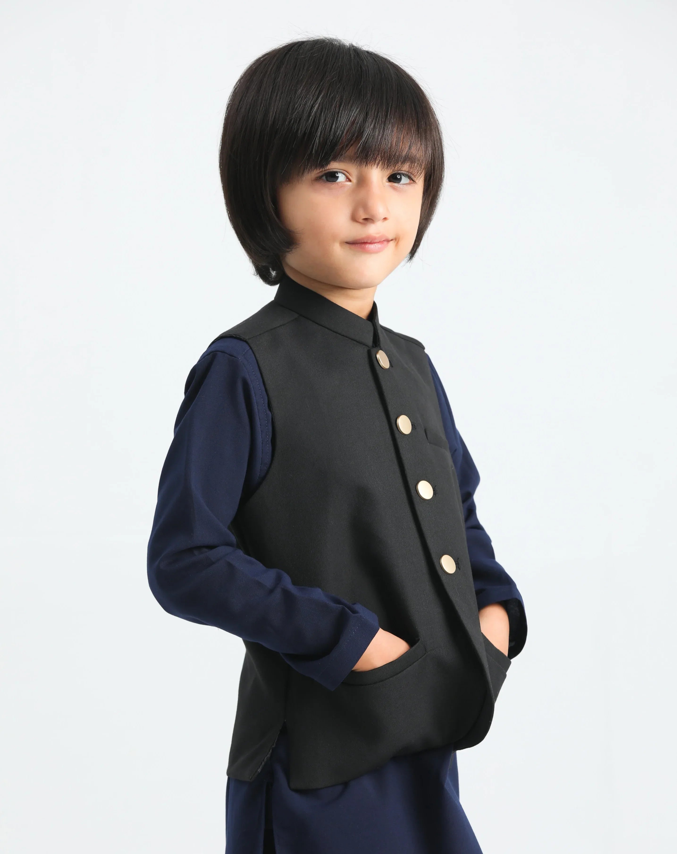 Navy Blue Kurta Trouser and Black waistcoat - 3PC Set