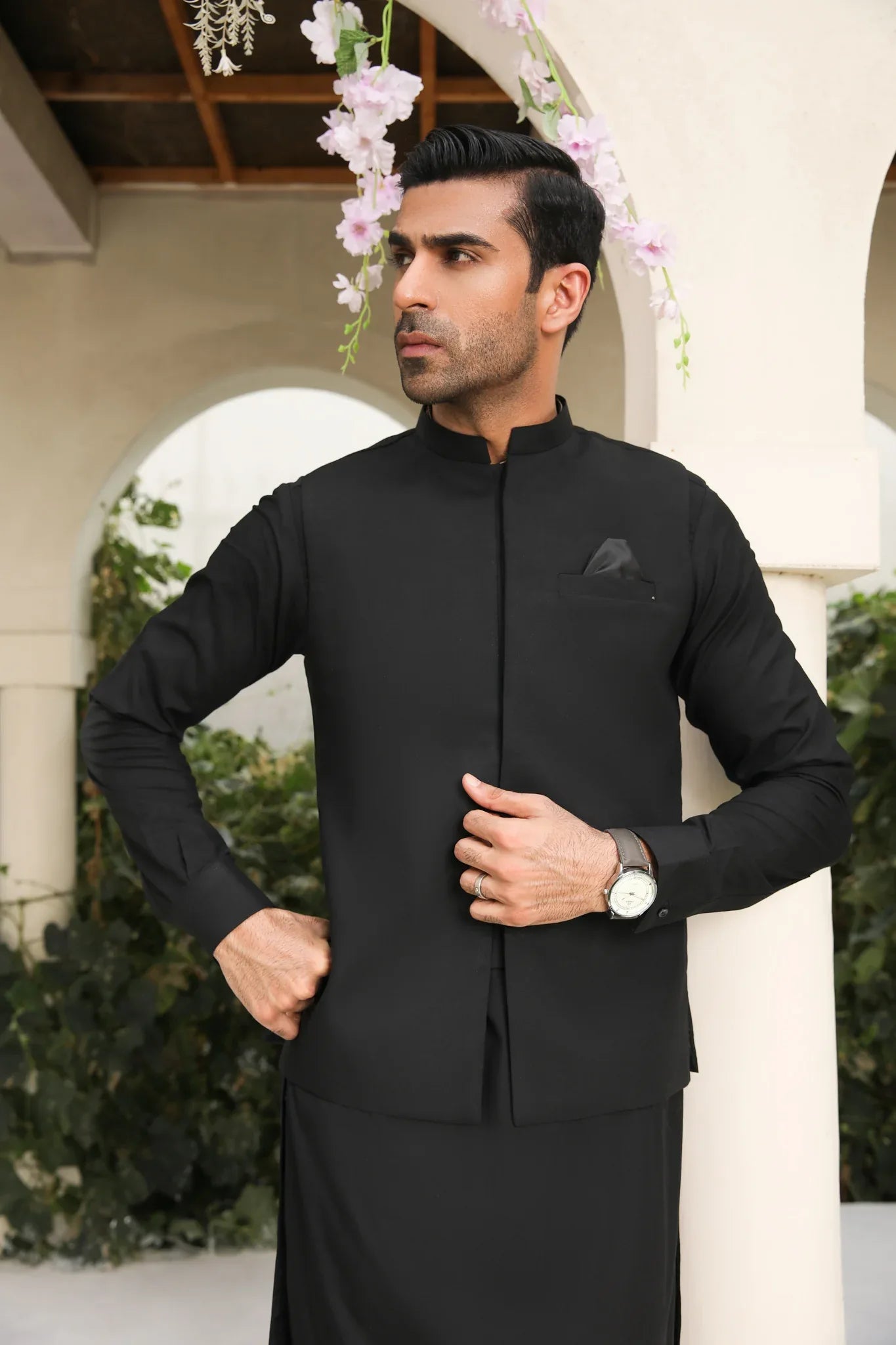 Midnight Black Kameez Shalwar with Waistcoat - Men - 3PC
