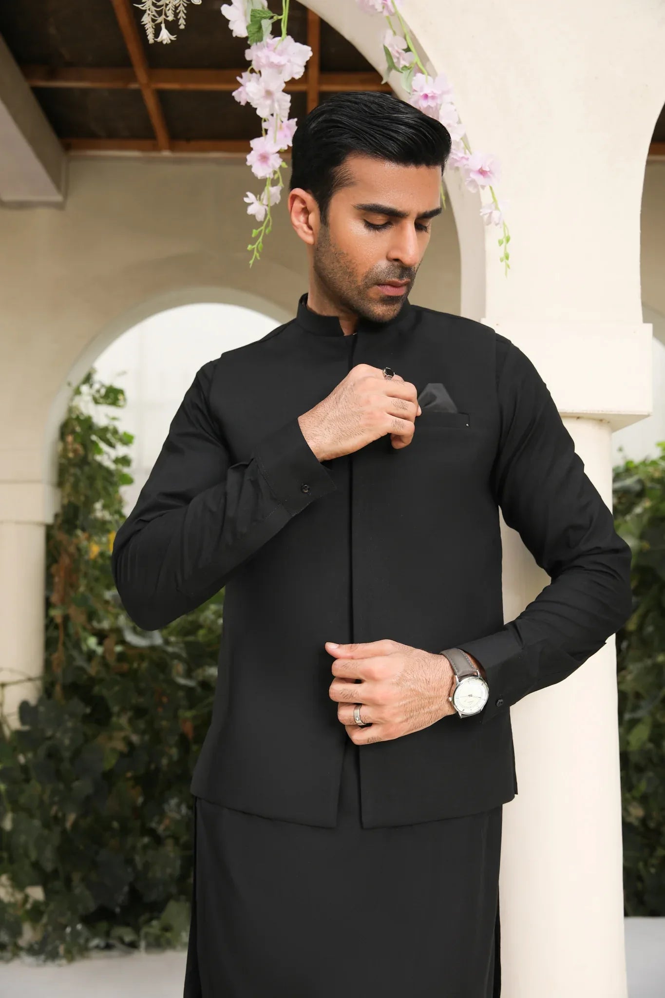 Midnight Black Kameez Shalwar with Waistcoat - Men - 3PC