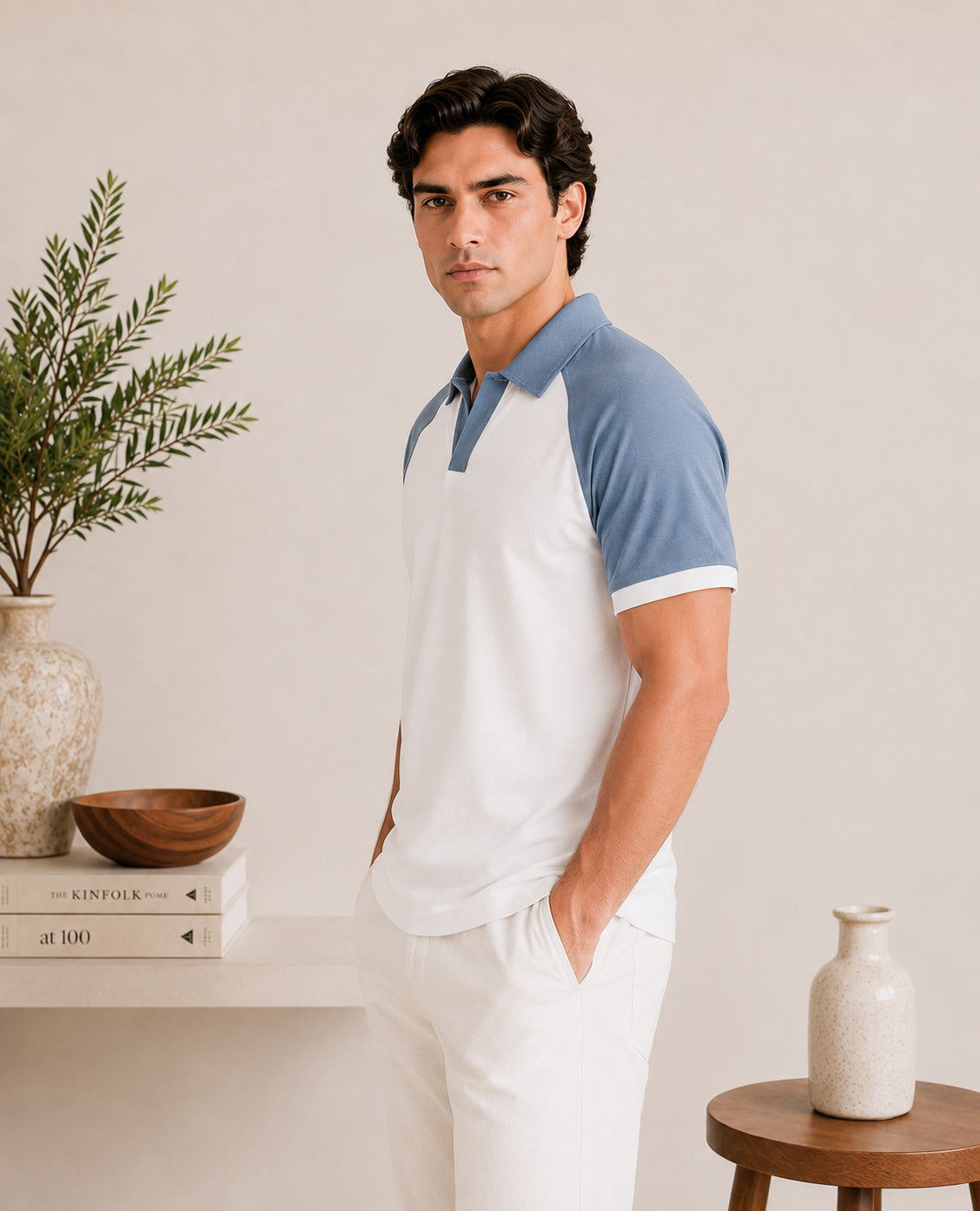 White and Sky Blue Contrast Raglan Polo - Men
