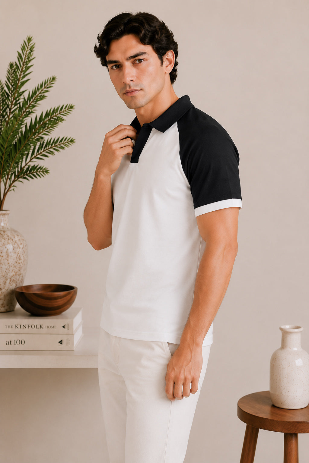 White & Black Contrast Raglan Polo - Men