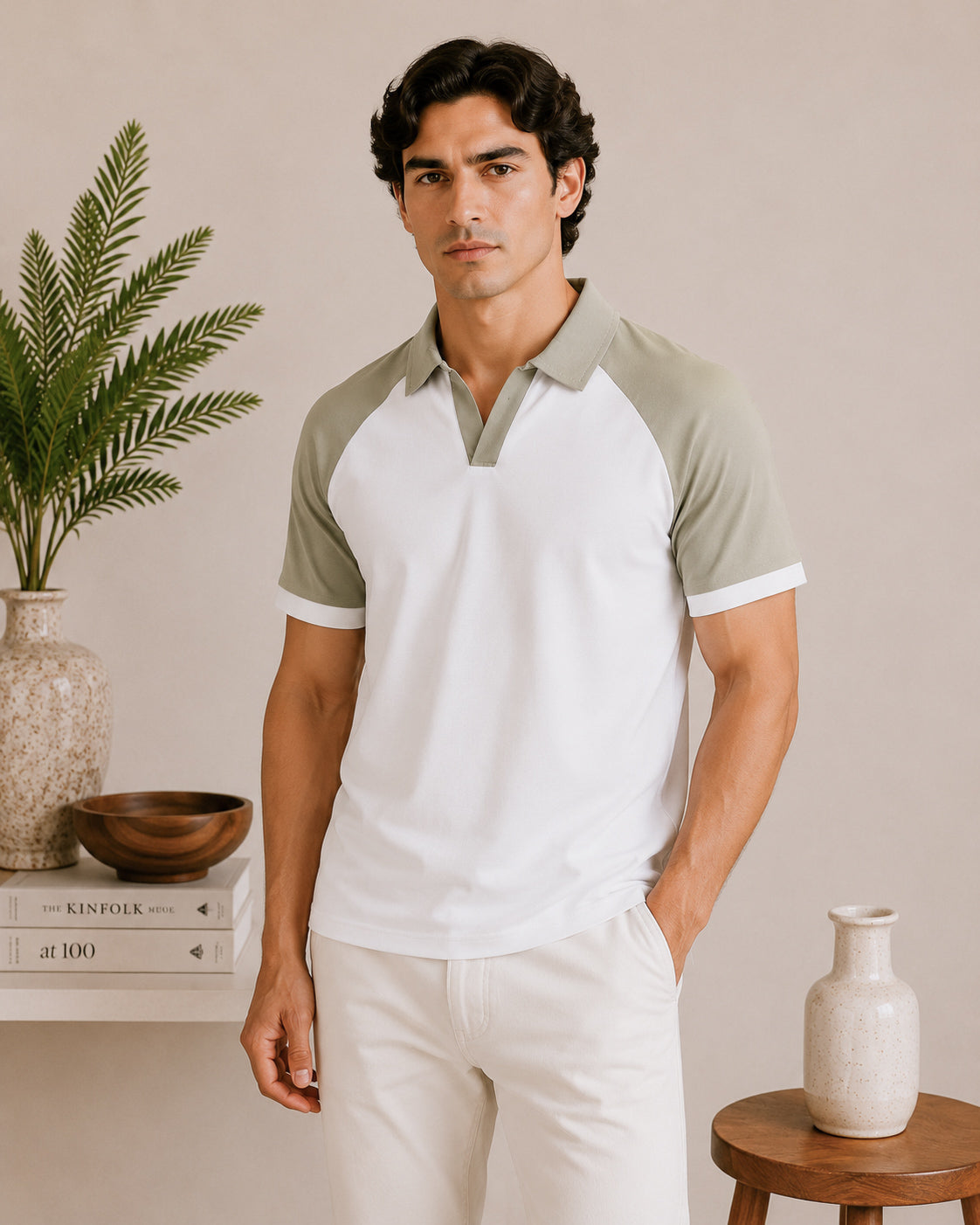 White and Mint Contrast Raglan Polo - Men
