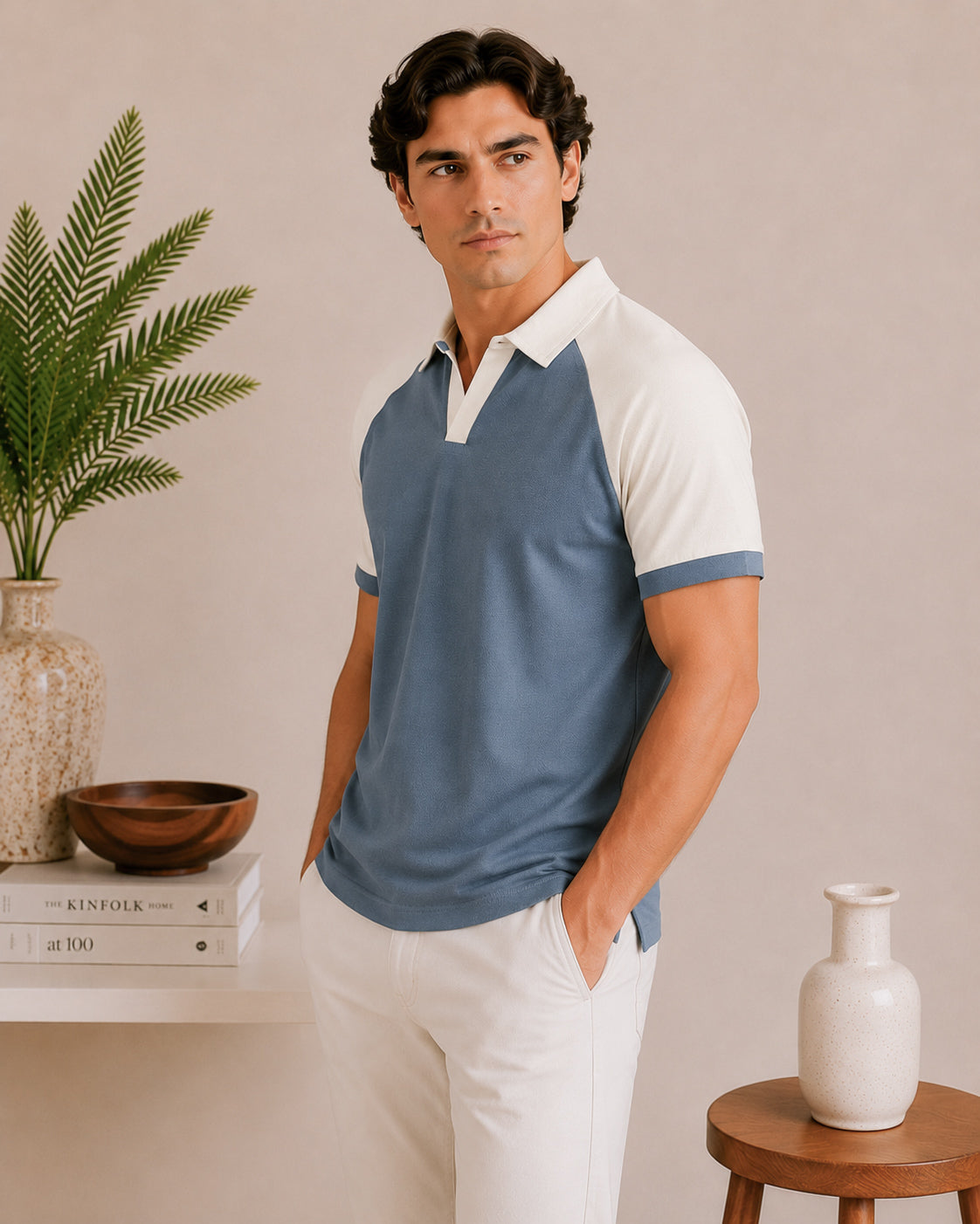Sky Blue and White Contrast Raglan Polo - Men