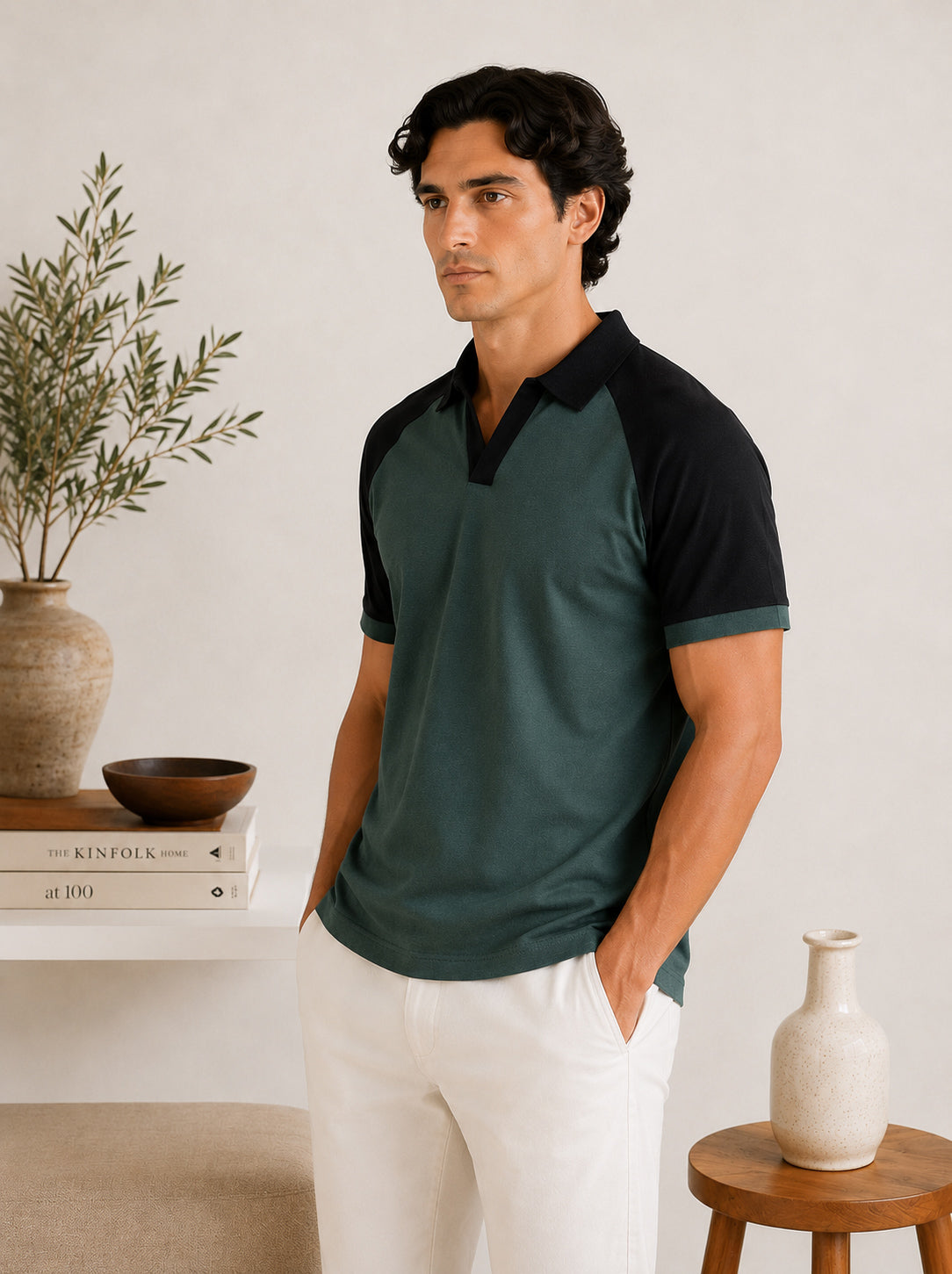 Green & Black Contrast Raglan Polo - Men